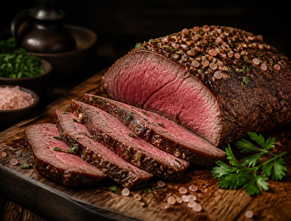 Sliced Santa Maria style tri-tip on a wooden serving board