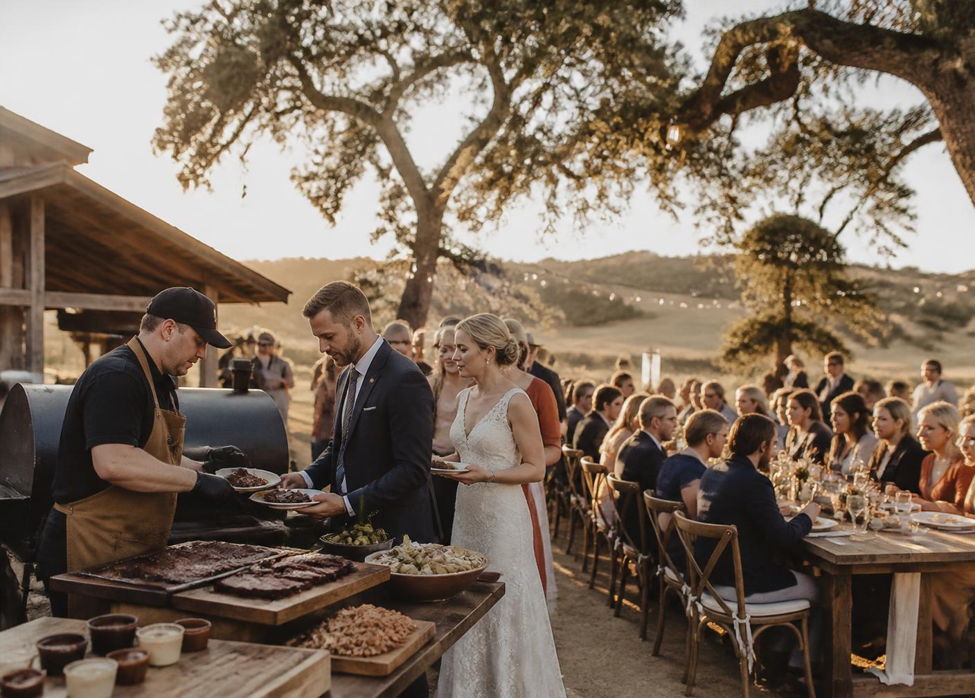 Outdoor reception tables set for a ranch-style gathering
